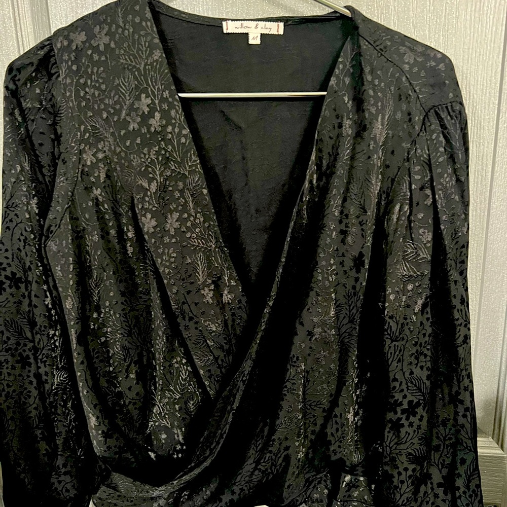 Black shiny faux wrap shirt